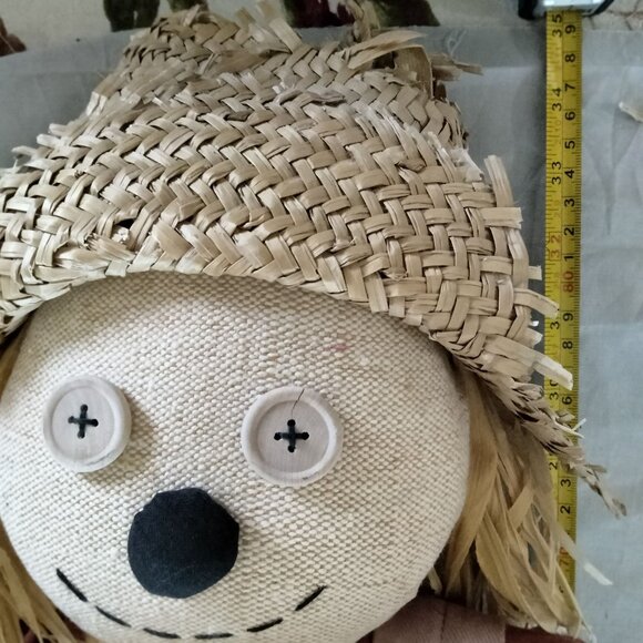 Scarecrow Figure Straw Hat Patchwork Outfit Shabby Distressed Rustic 33 in Tall - Picture 11 of 12